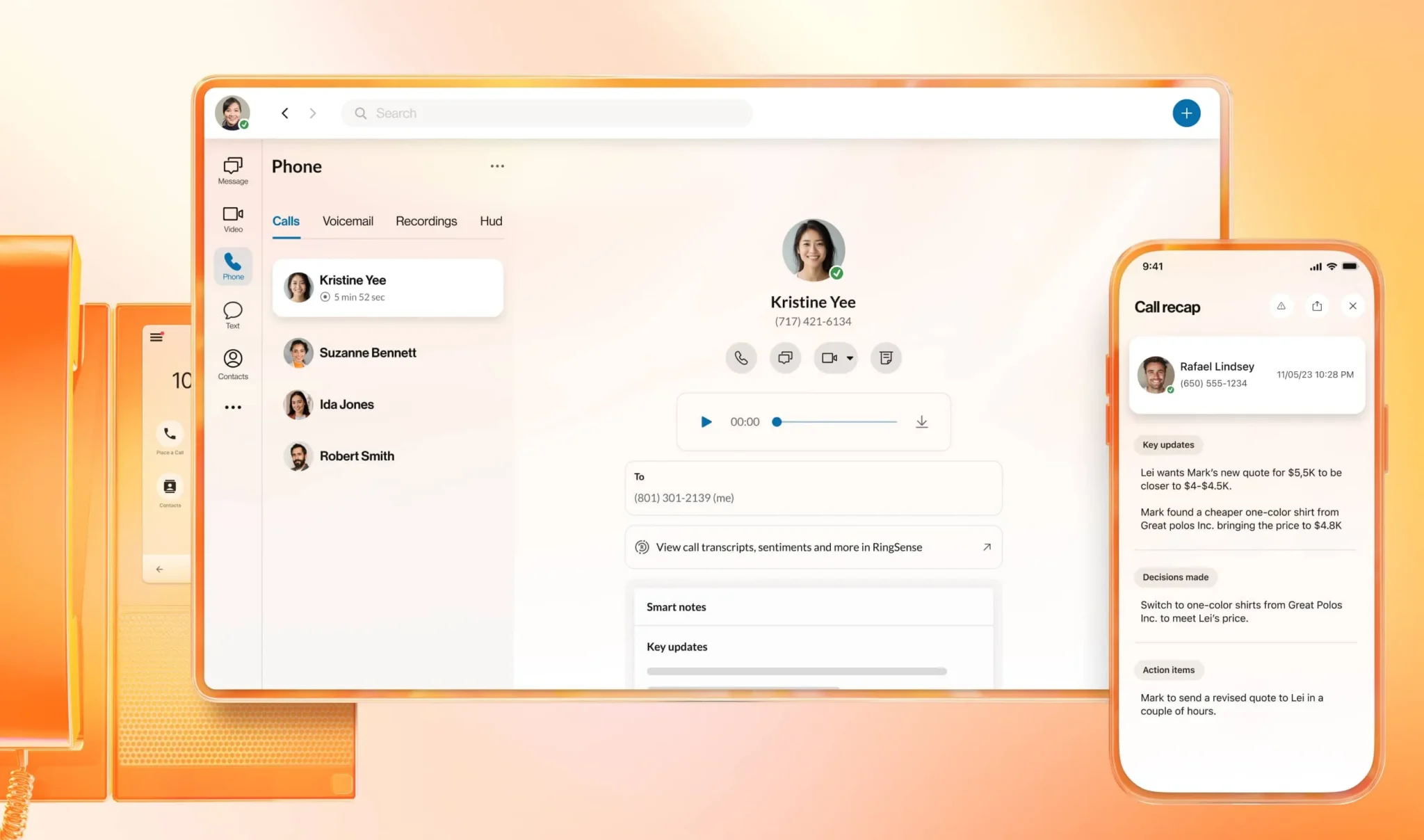RingEX showing a call with a clear AI-generated recap on desktop and mobile