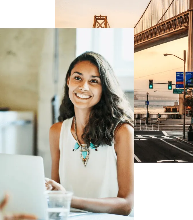 A busy street and a happy employee smiling at her boss