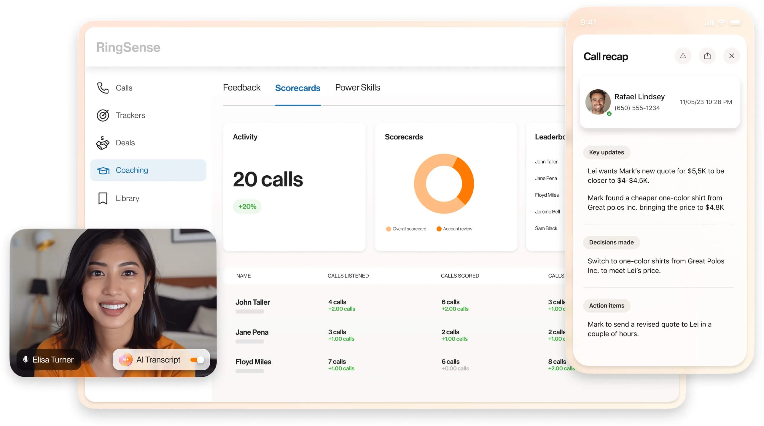 The RingSense AI dashboard with an insert of AI transcript and call recap feature in use during a call