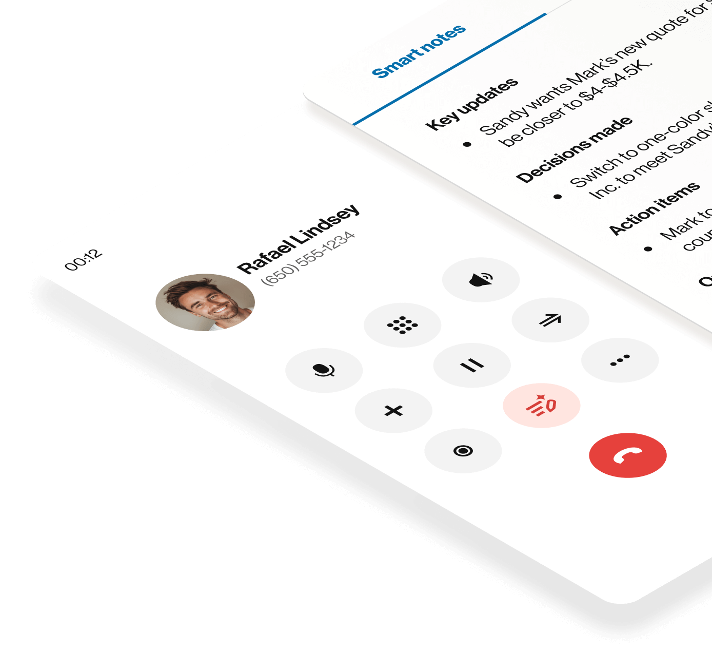 A mobile screen showing an active RingCentral phone call and AI-generated Smart notes, including key updates, decisions made, and action items