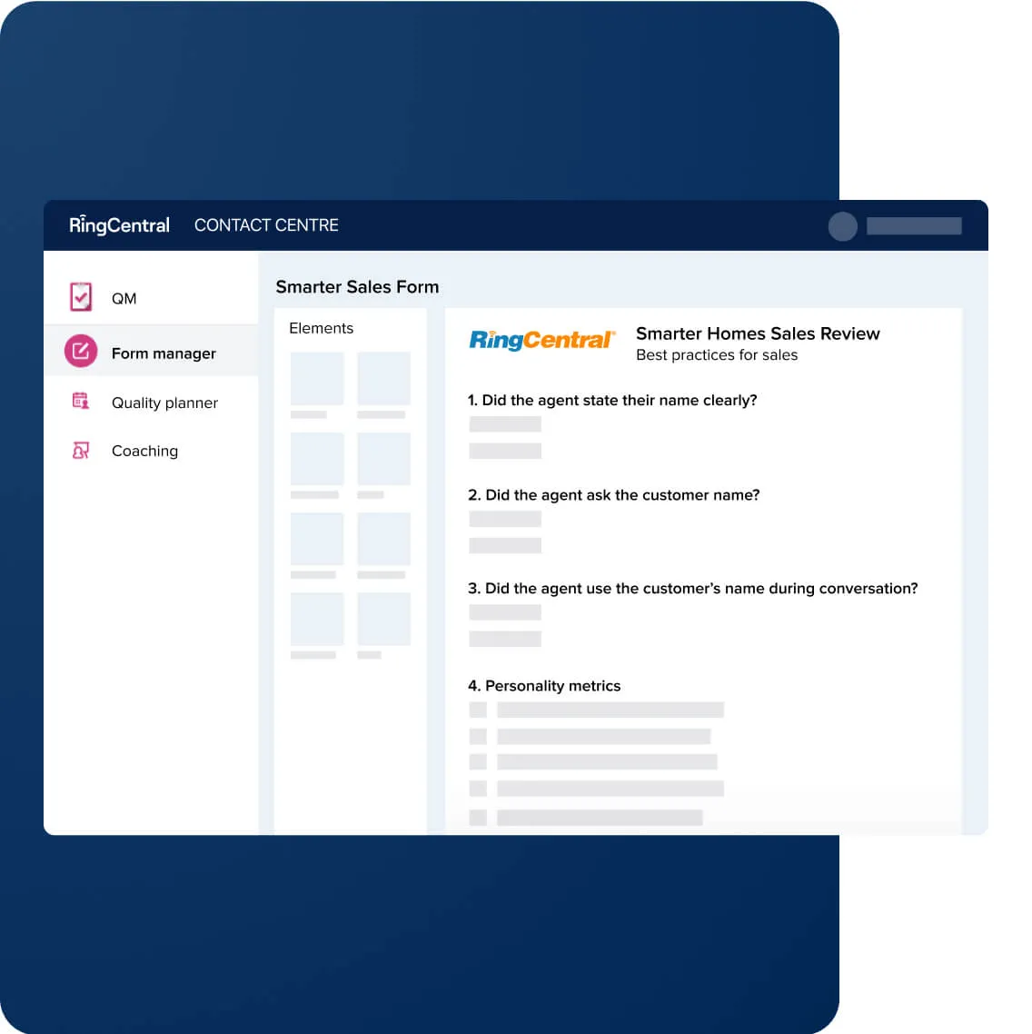 RingCentral Contact Center interface showing a quality assurance form for sales teams