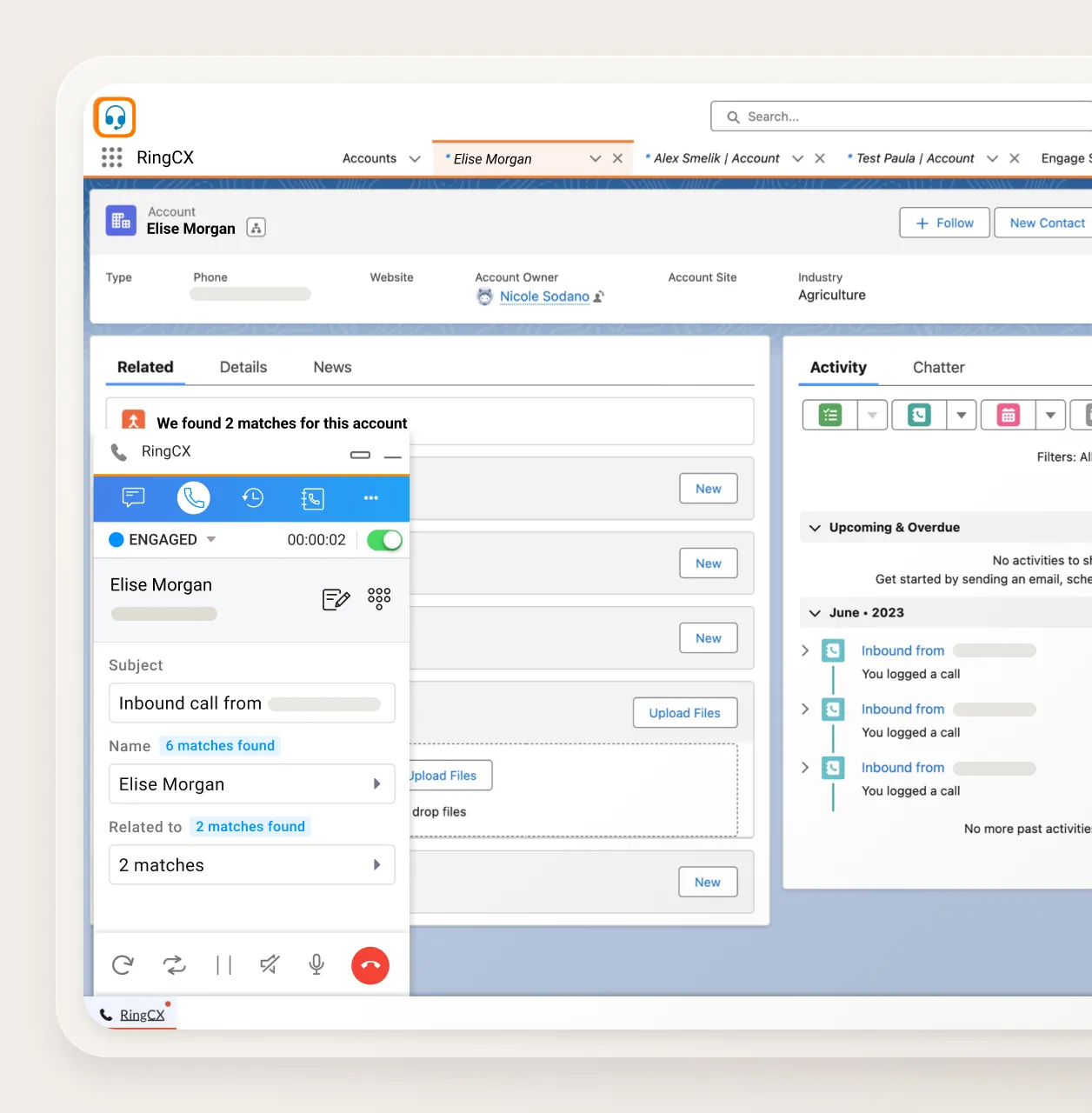 The RingCX Agent dashboard with an integrated CRM app