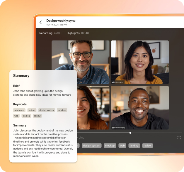 A RingCentral Video meeting of 4 smiling people with inlay of summary of the meeting