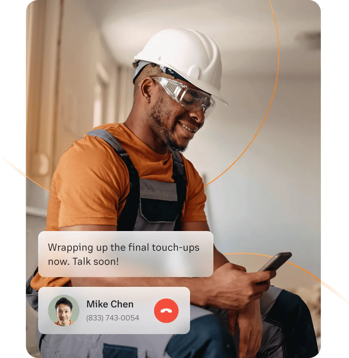 A man wearing a hard hat sending a message to a male colleague using the RC  mobile app with an insert of a message window saying: "Wrapping Up the final touch-ups now. Talk soon!"