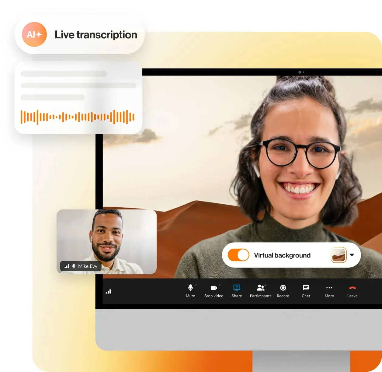 The RingCentral Live Transcription feature in use on a video call