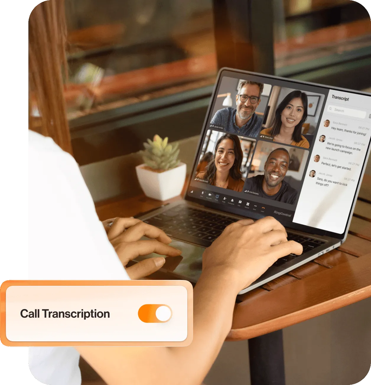 Remote worker using AI-powered call transcription during a RingCentral Video meeting