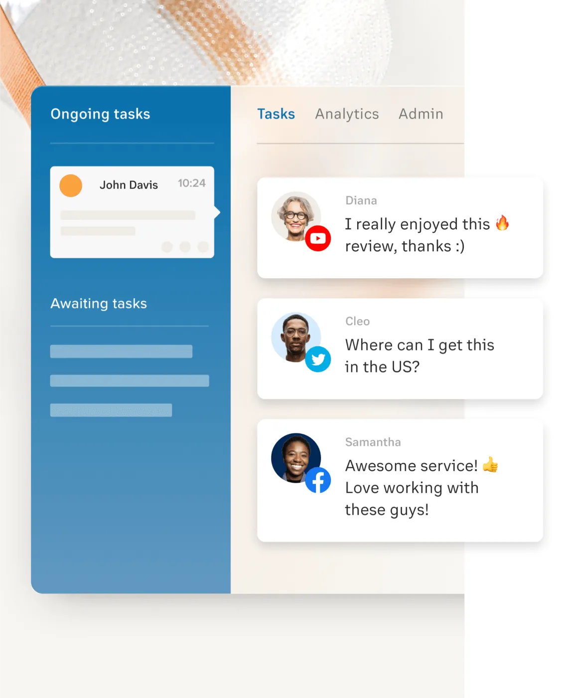 RingCentral's digital customer engagement platform allows businesess to connect with customers on Facebook, Twitter, Instagram, YouTube, and other social media apps