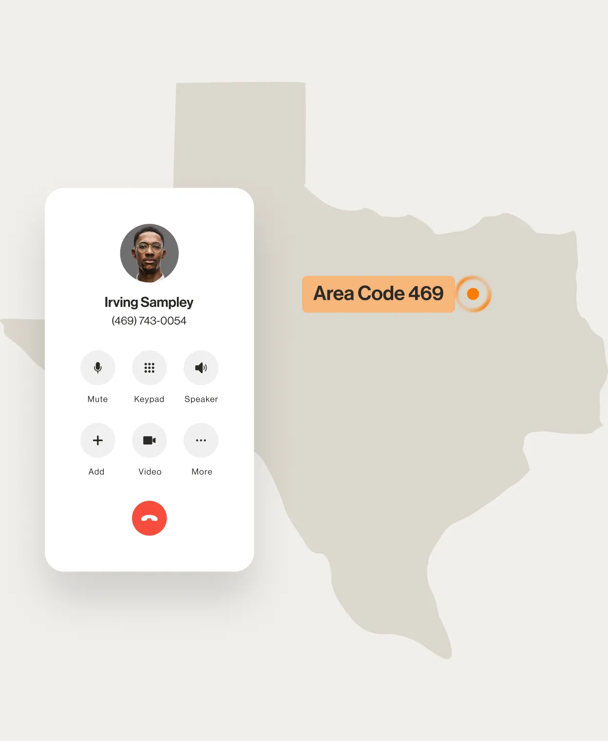 A contact number displayed on a RingCentral dialpad displayed over a map of area code 469