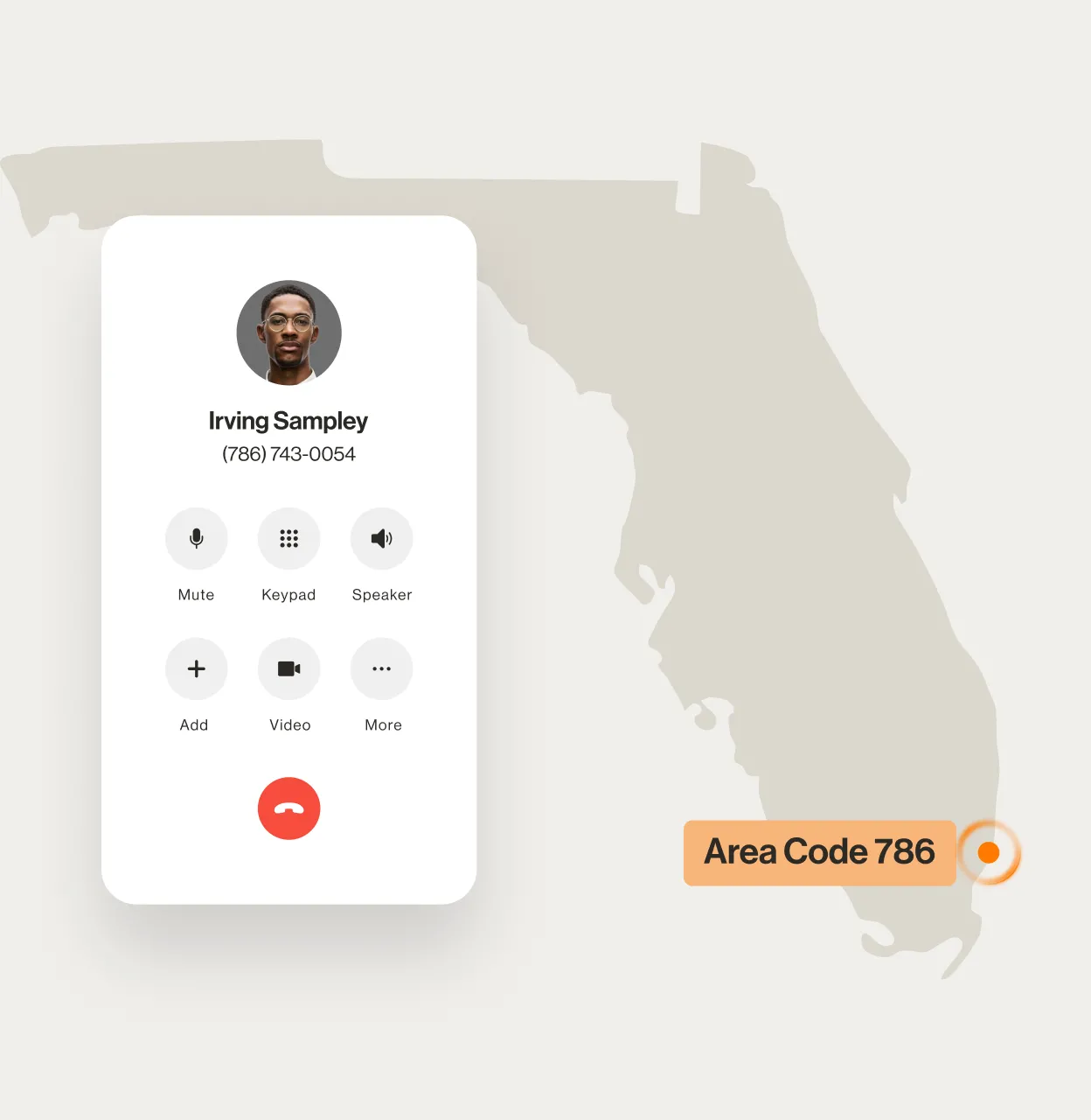 An image of a call going to a 786 area code phone number over the map of Miami, Florida