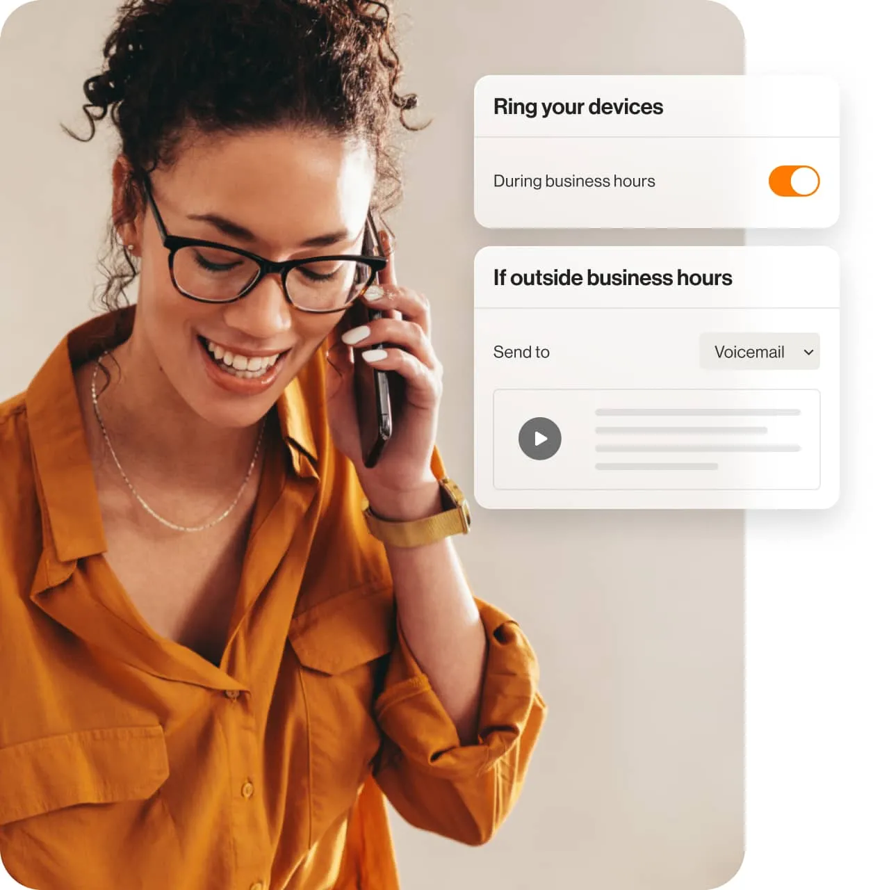 A woman using the Ring your devices and If outside busienss hours settings of the RingCentral mobile app