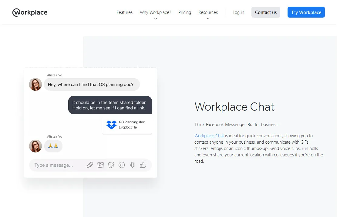 A team conversation in Workplace team messaging feature