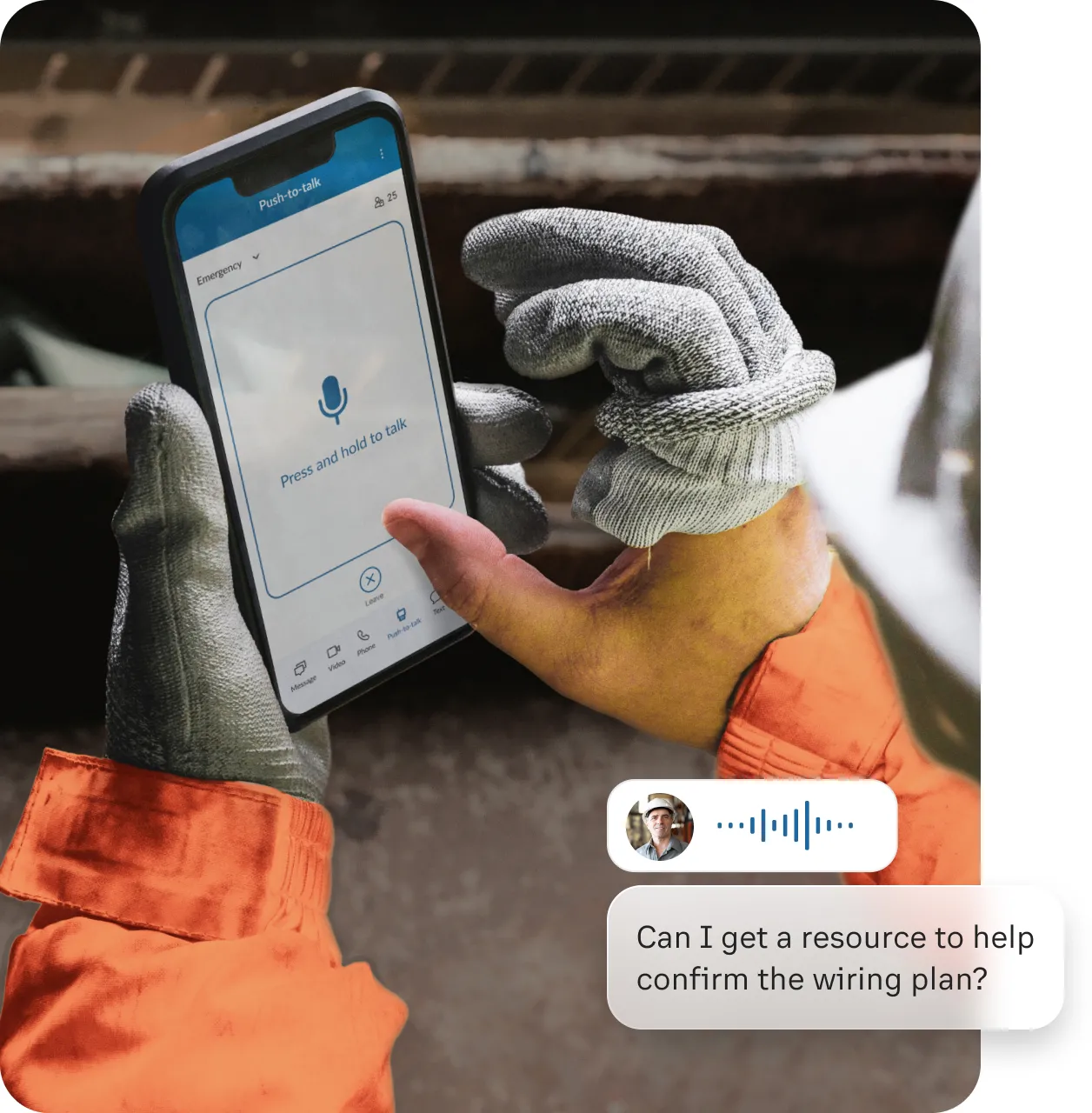 A worker using the Push to Talk feature of the RingCentral mobile app to ask for a resource regarding a wiring plan