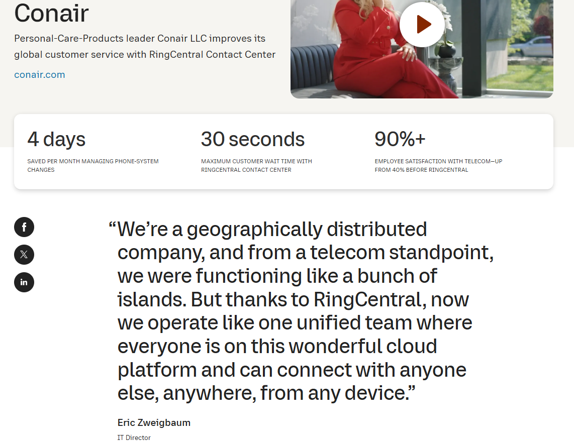 An example of a RingCentral case study of our relationship with Conair 