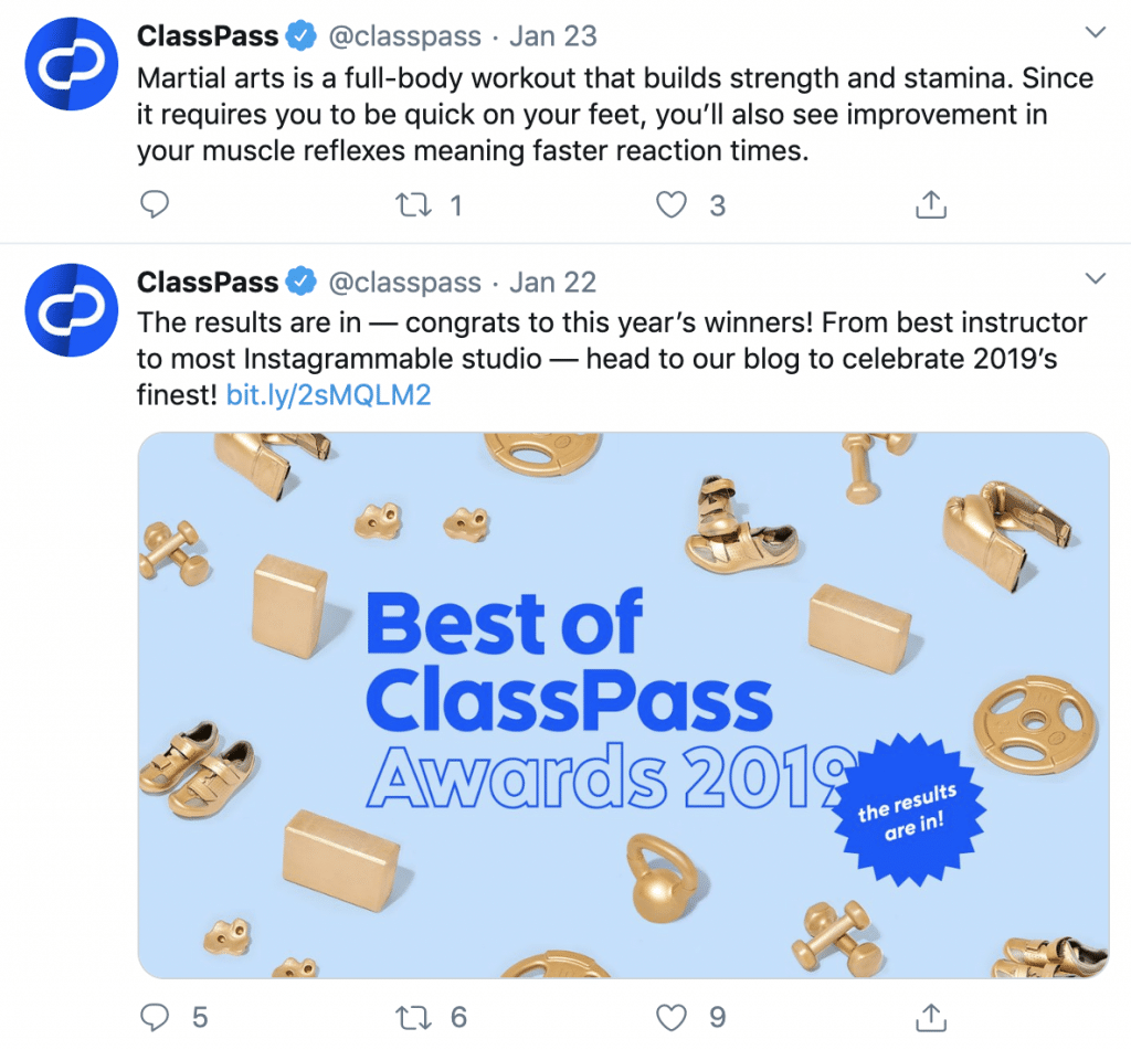 ClassPass posts tweets about new classes and health & wellness topics