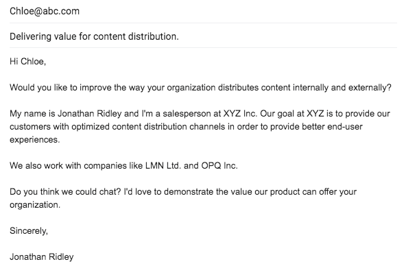 Example of a wrong way to pitch via email