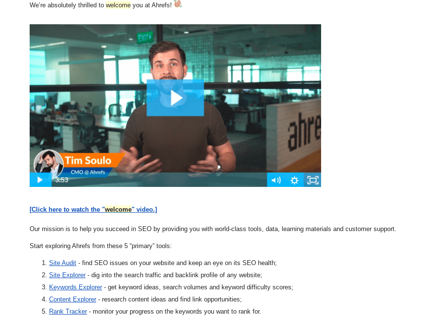 Ahrefs’ welcome email