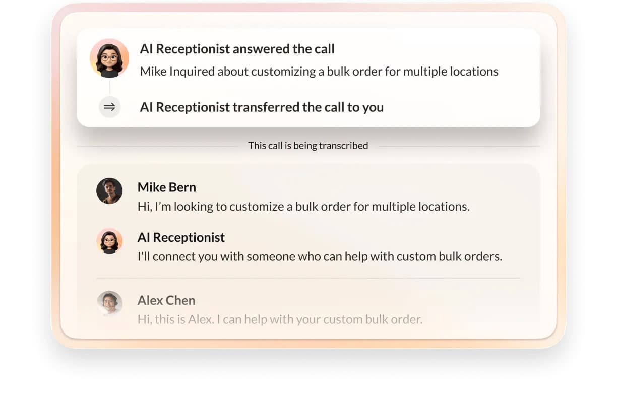 AI Receptionist answers customer calls and can escalate to a human agent when necessary