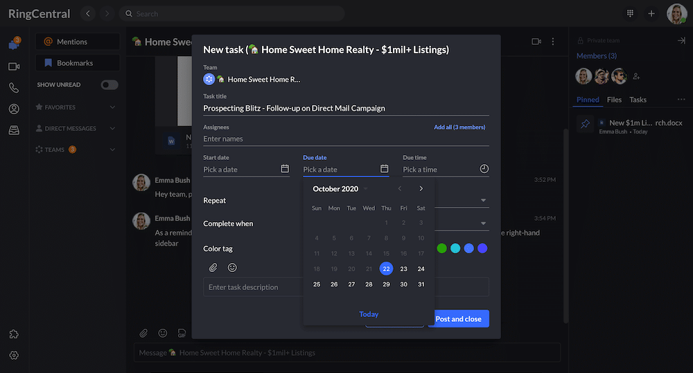 Setting up new tasks in RingCentral