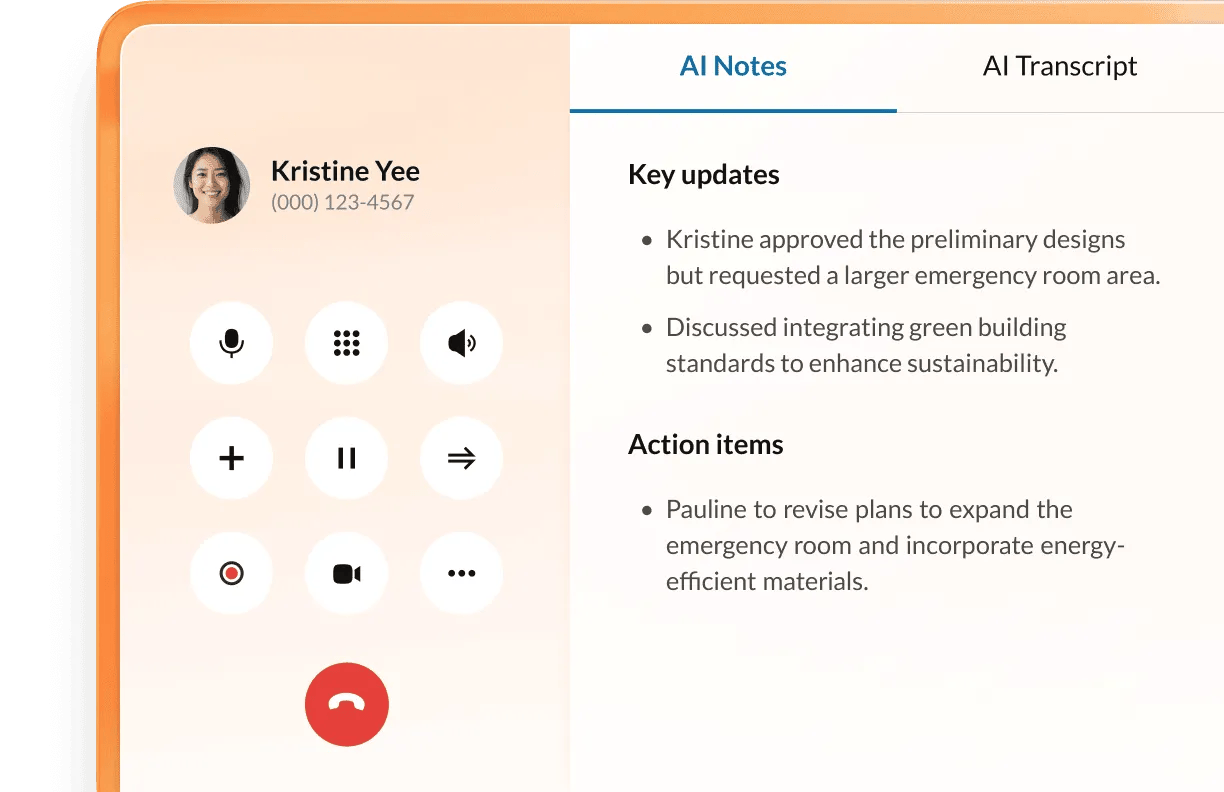 A RingEX dashboard showing an ongoing call with AI notes covering key updates and action items
