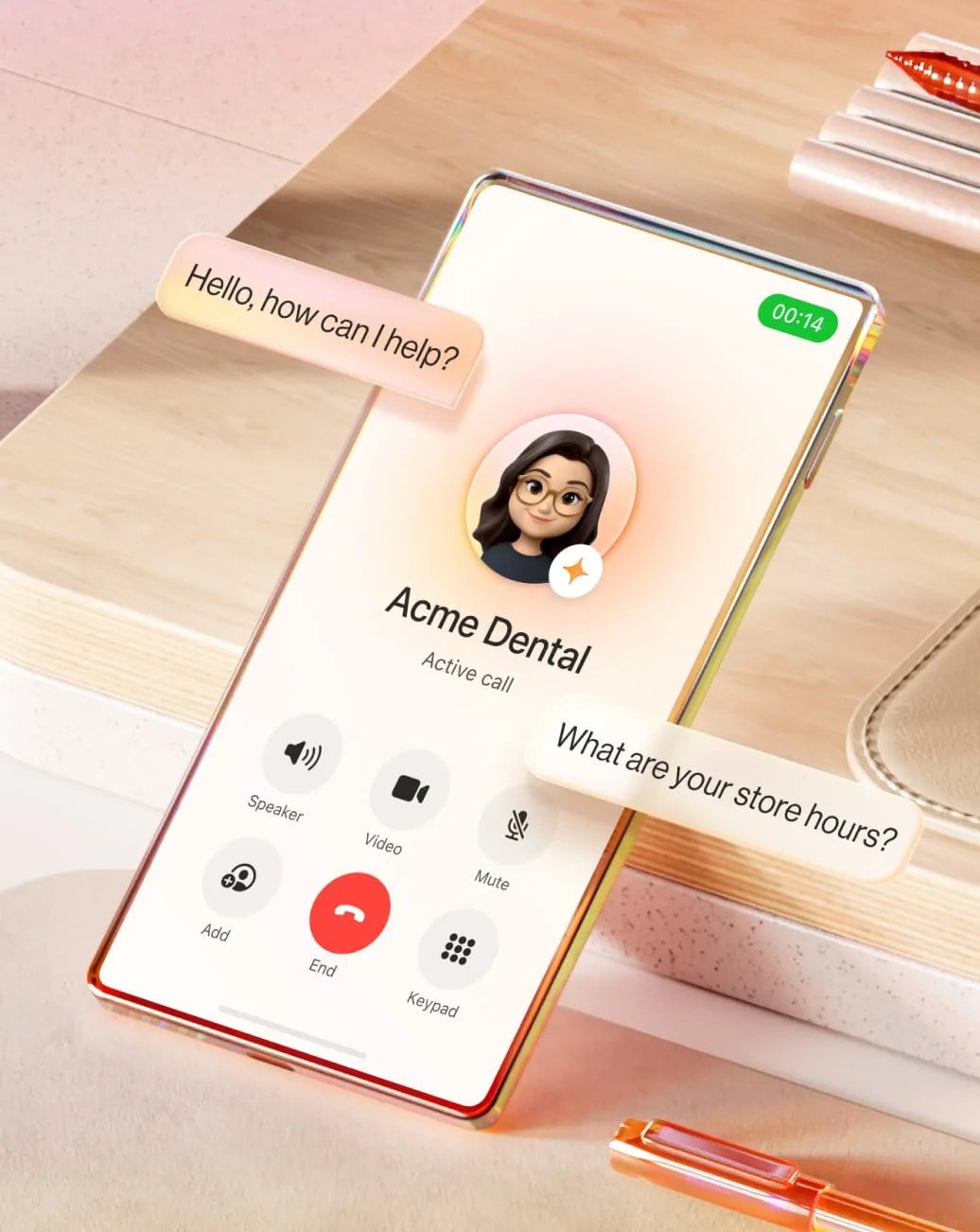 A cell phone showing RingCentral’s AI Receptionist saying, “Hello, how can I help?” to a customer