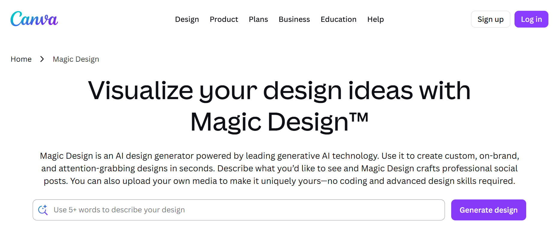 The Canva Magic Design page featuring a prompt search bar and the tagline “Visualize your design ideas with Magic Design™”