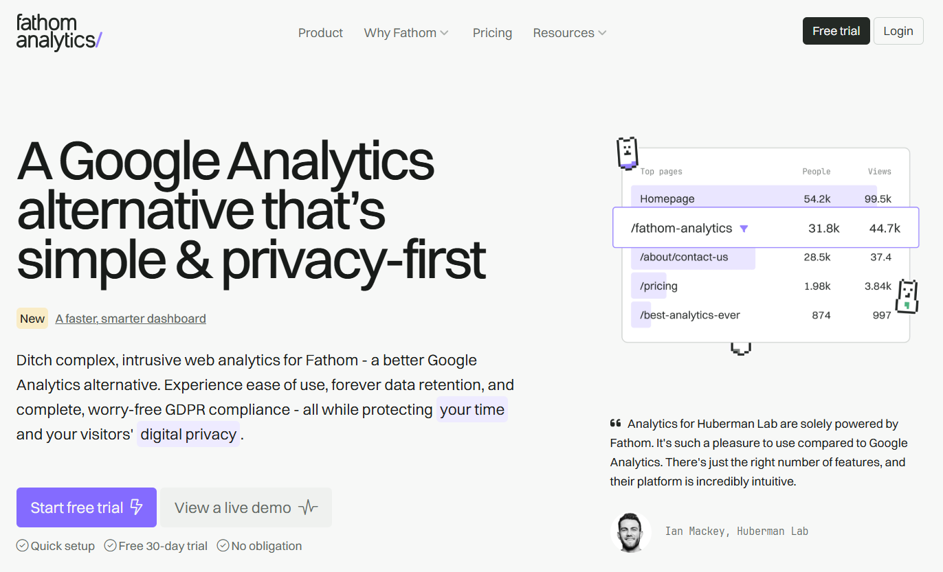 The Fathom Analytics homepage showing a dashboard preview and the tagline “A Google Analytics alternative that’s simple & privacy-first”