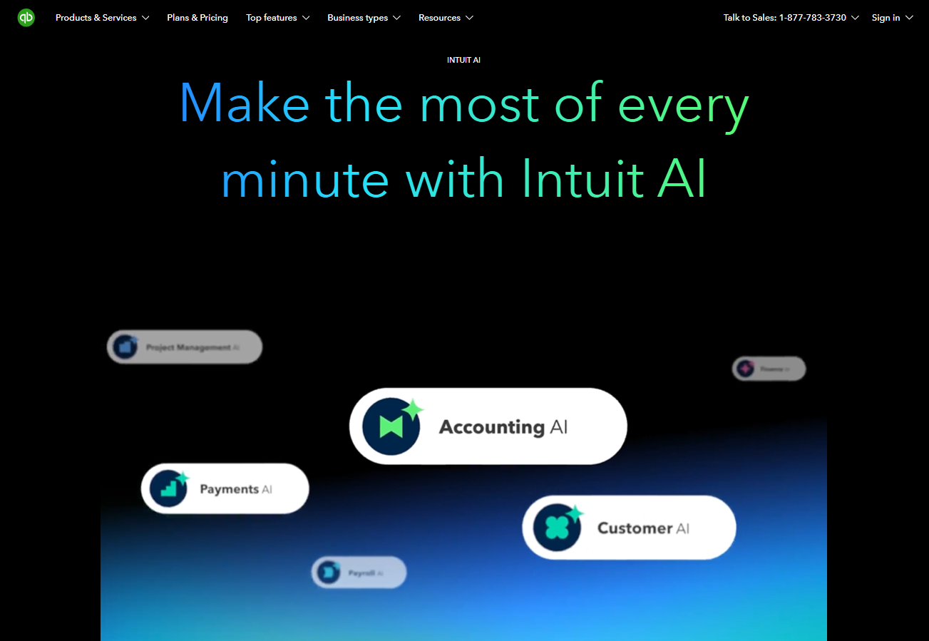 The QuickBooks homepage featuring floating icons for Accounting and Payments AI and the tagline “Make the most of every minute with Intuit AI”