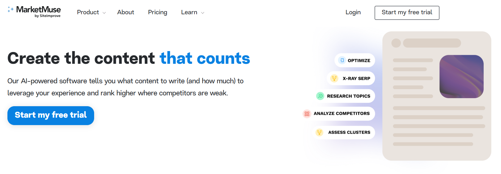 The MarketMuse homepage featuring various content optimization tools and the tagline “Create the content that counts”