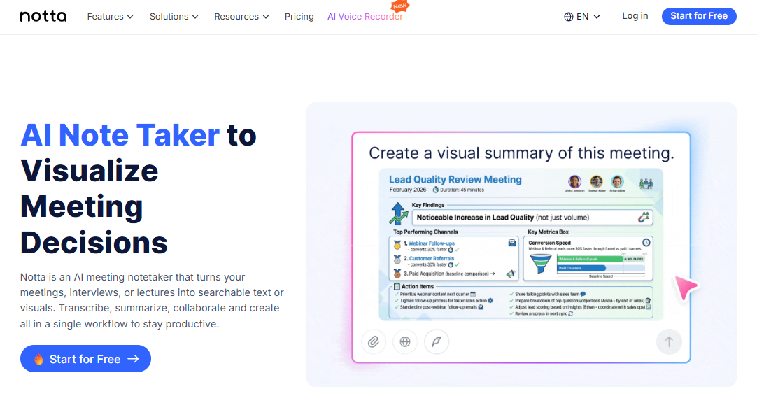 The Notta homepage with the headline “AI Note Taker to Visualize Meeting Decisions” and a preview of a visual meeting summary.