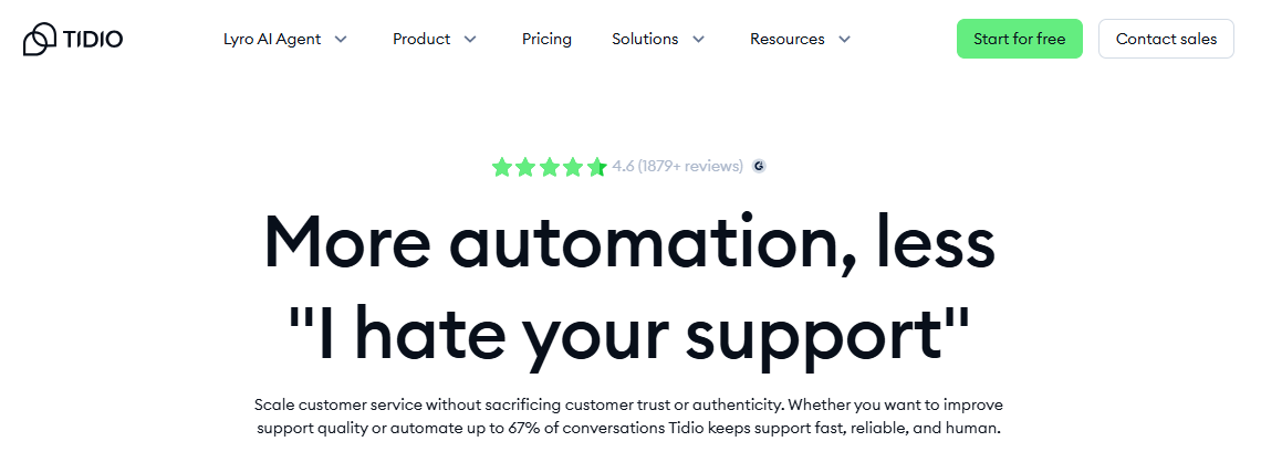 The Tidio homepage with the tagline “More automation, less 'I hate your support'”