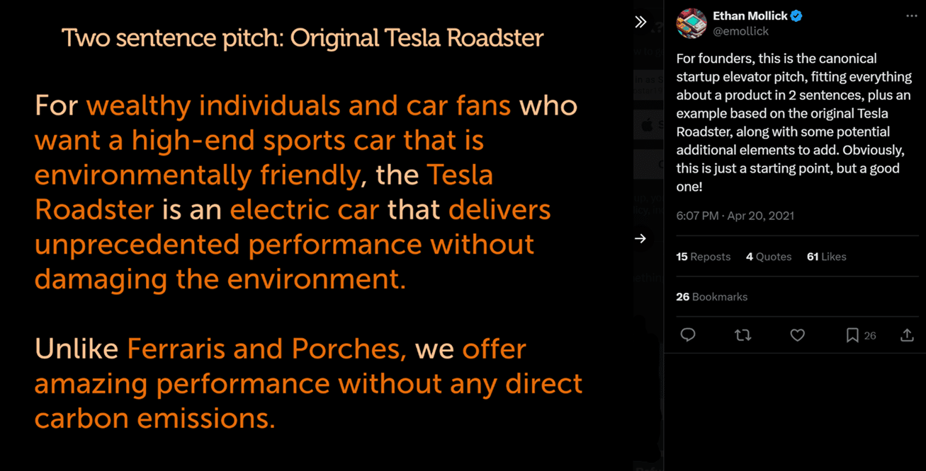 A two-sentence sales pitch example from Tesla