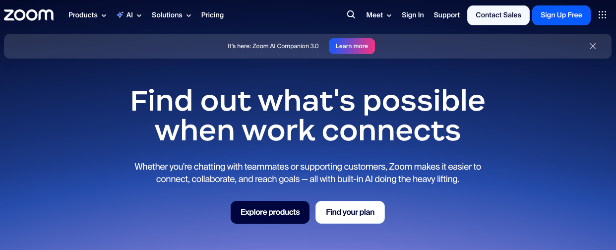 The Zoom homepage, showing the tagline “Find out what’s possible when work connects” (Source: Zoom)