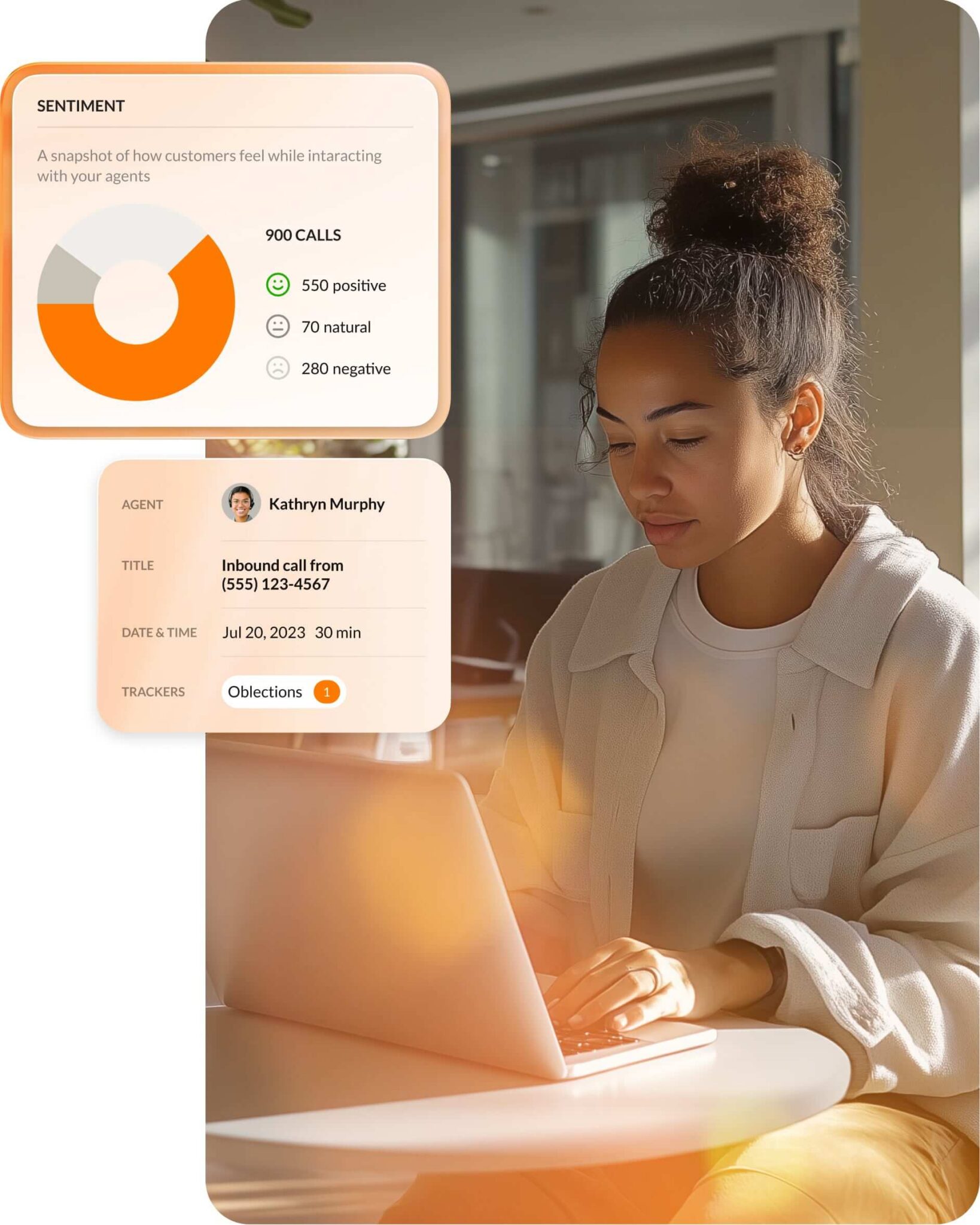 A person looking at a laptop next to an illustration showing RingCX analysis of customer sentiment for over 900 calls