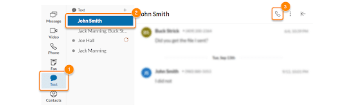 When using the text menu, select the text message conversation with the person you want to call then click the phone icon at the top of the screen to start a call.