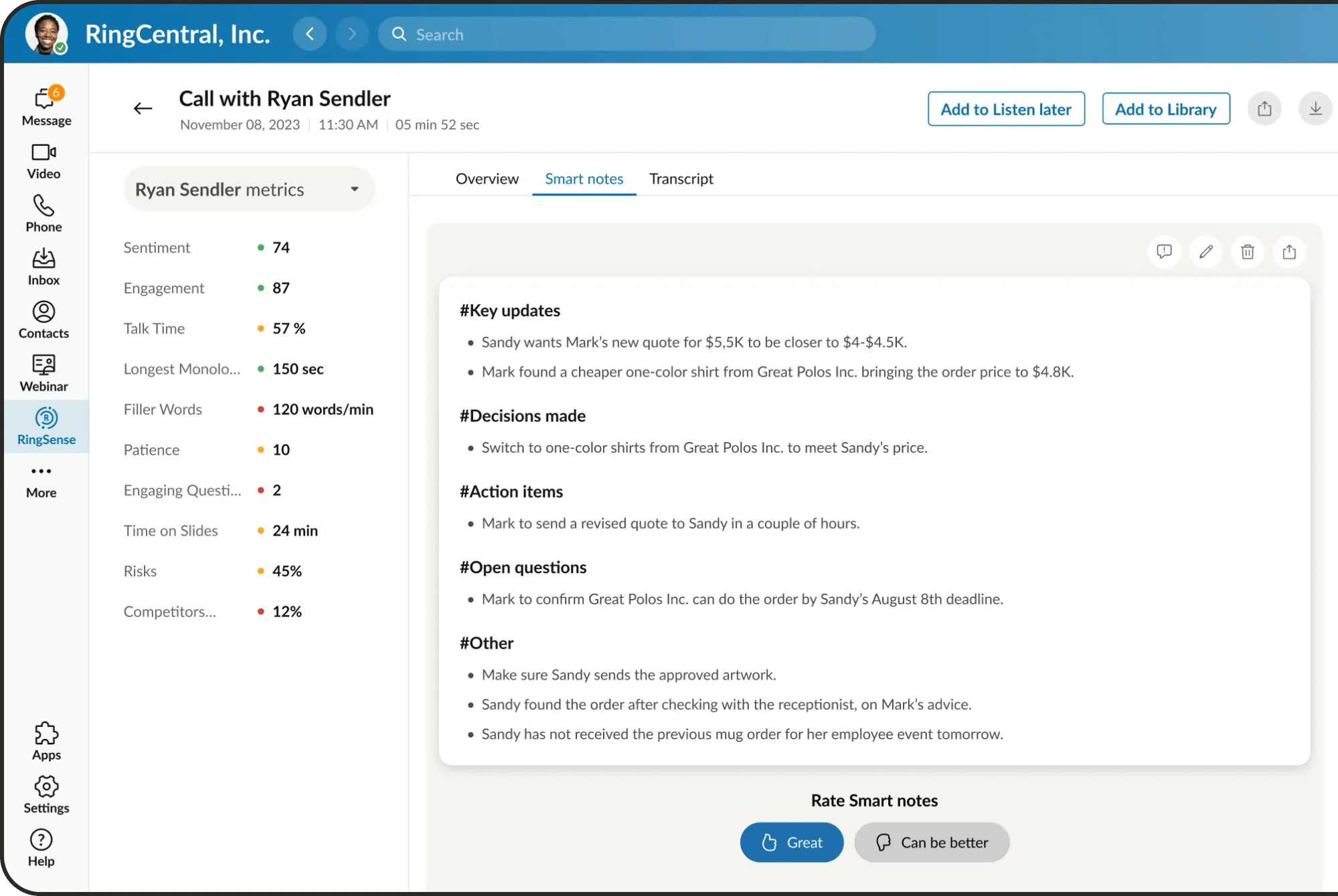 An example of the conversational intelligence capabilities of RingSense AI