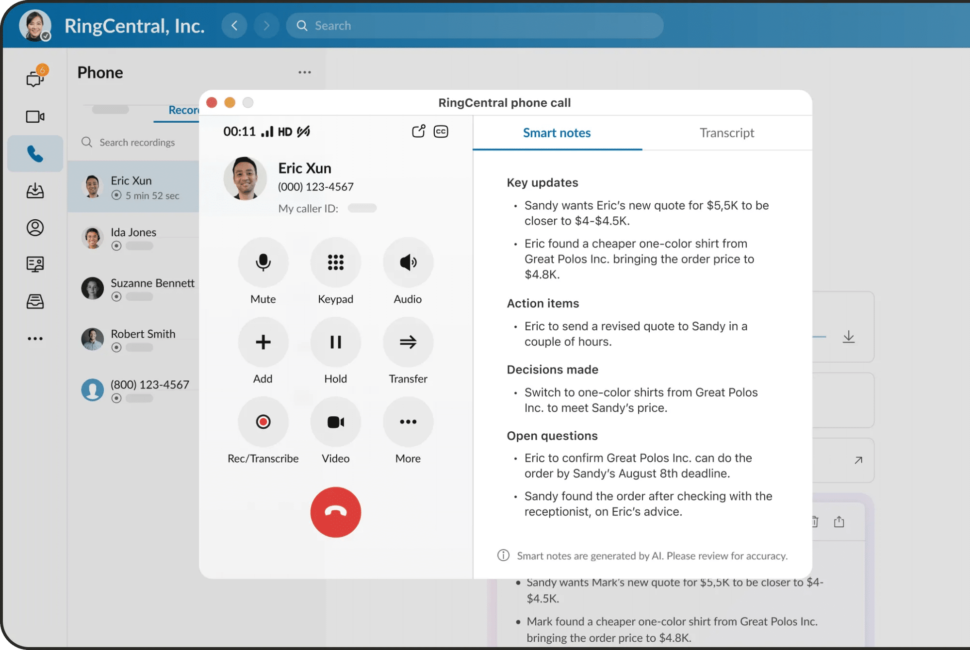 Automated note taking on a live phone call by RingSense AI