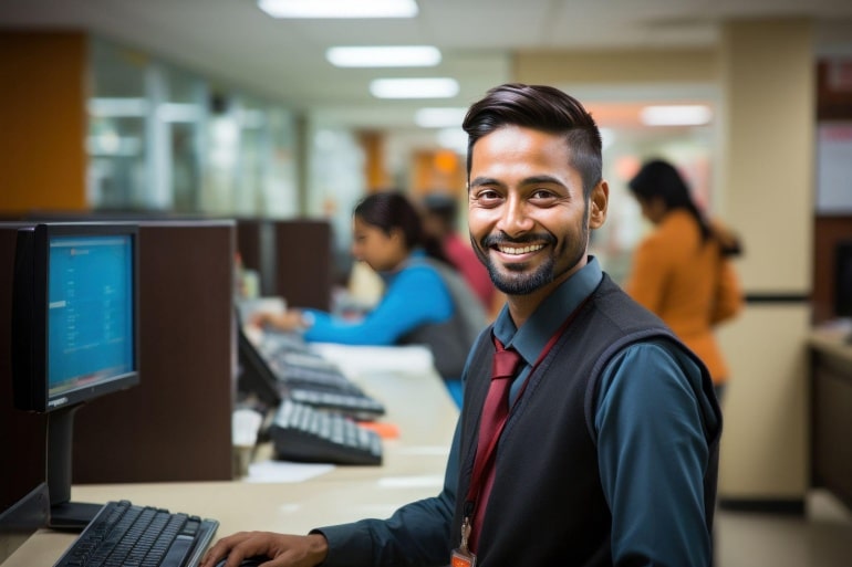 smiling credit union customer service representative at his desk