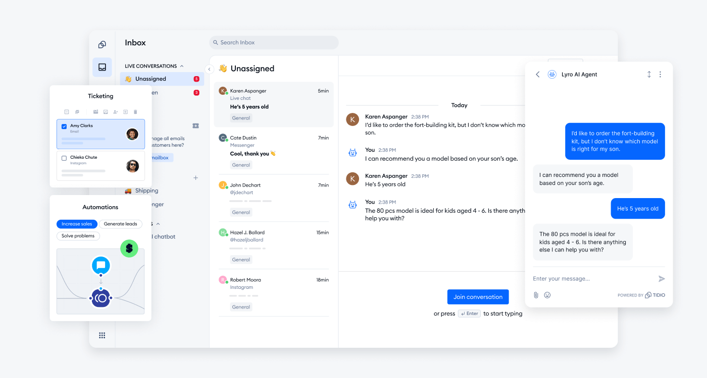 Example of Tidio AI agent builder platform interface.
