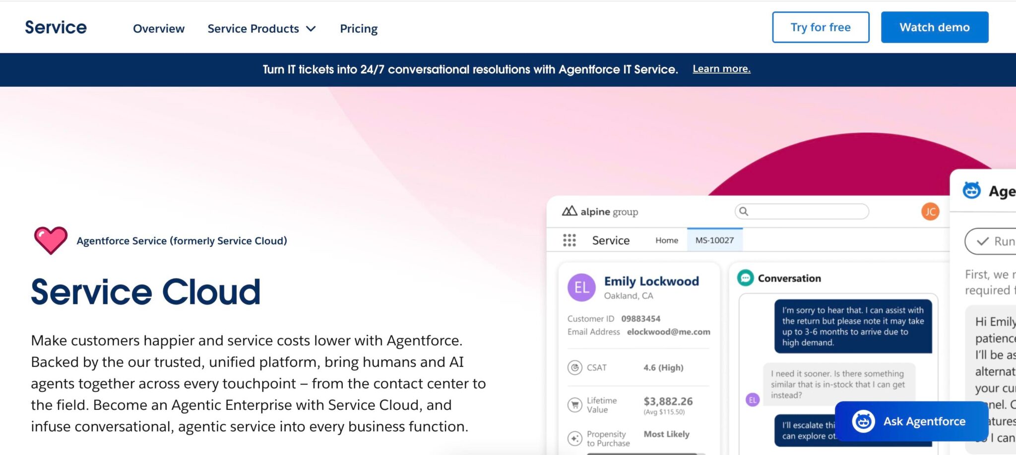 The Salesforce Service Cloud landing page