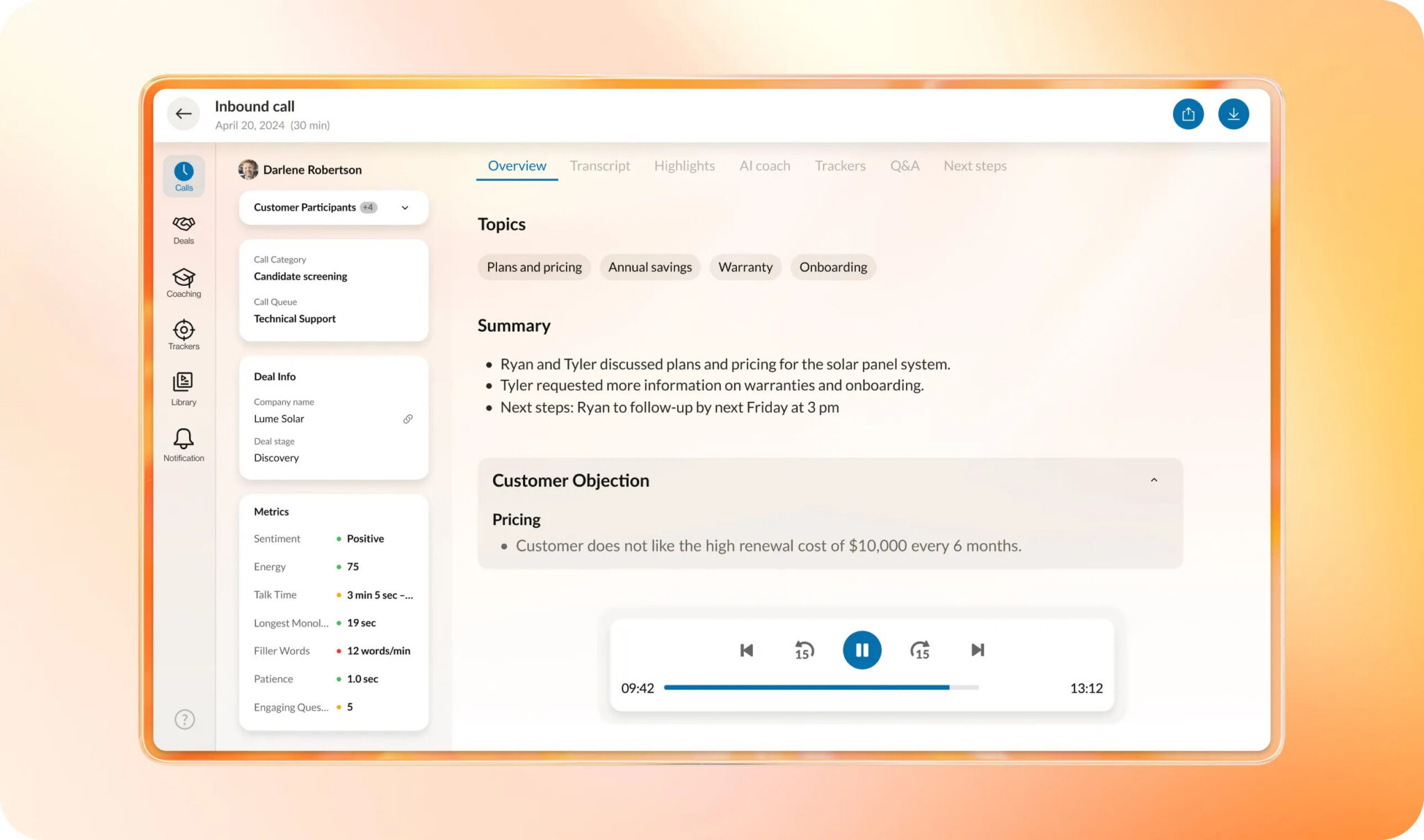 AI call analysis interface with inbound call summary, topics, customer objections, sentiment metrics, and playback controls