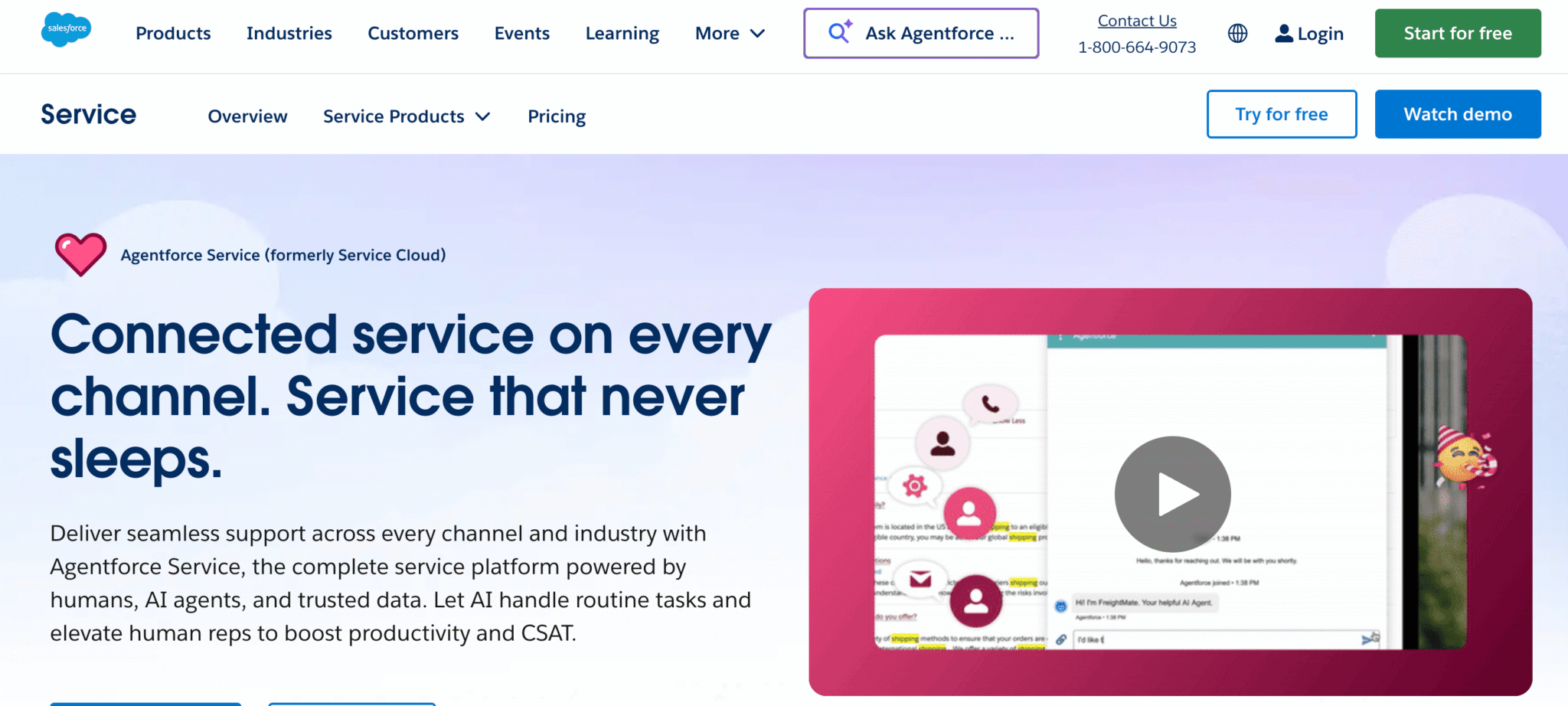 The Salesforce Service Cloud Overview page, showing a video demo and the tagline “Connected service on every channel. Service that never sleeps.”