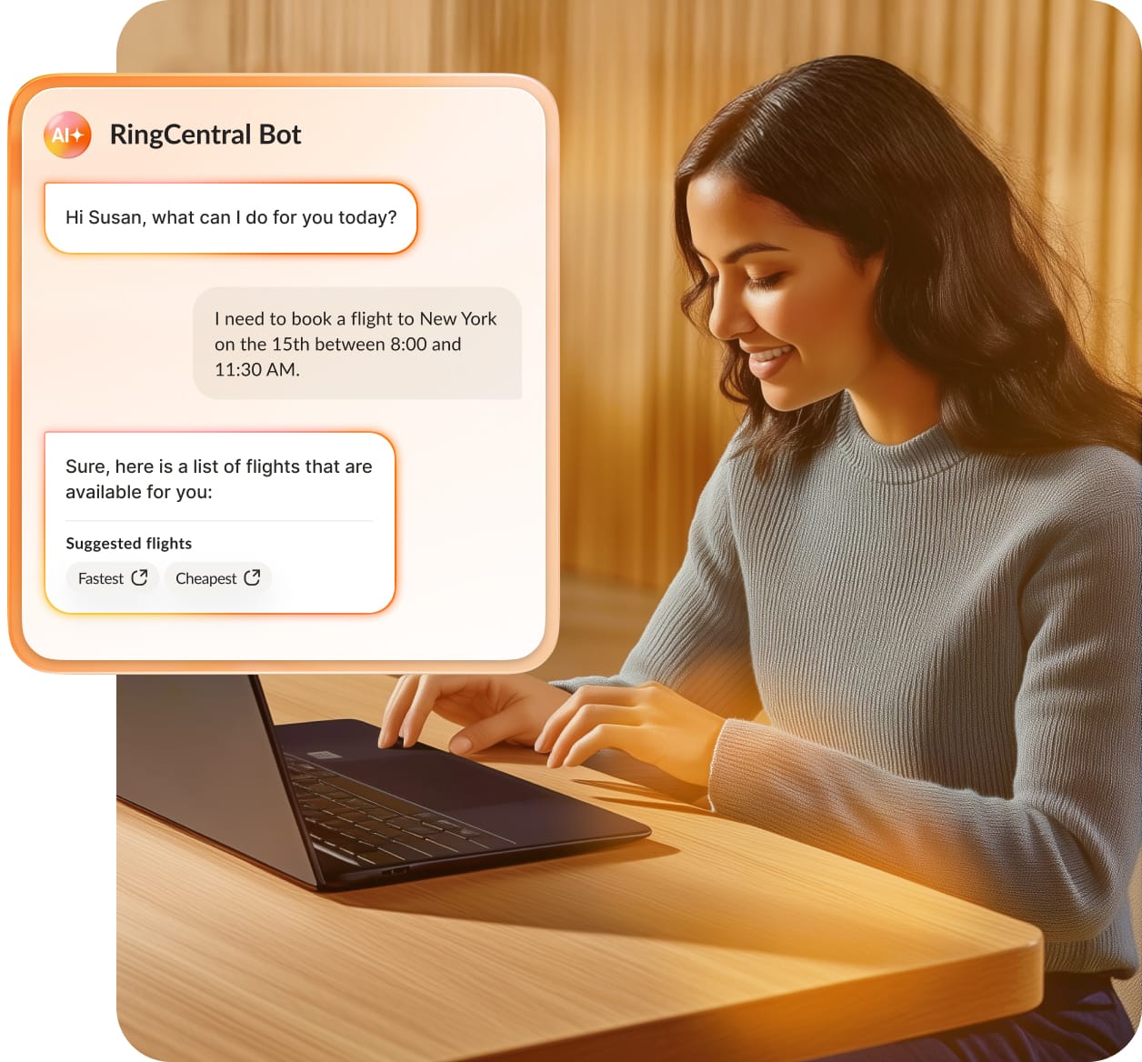 A RingCentral virtual agent helps a customer who wants to book a flight to New York