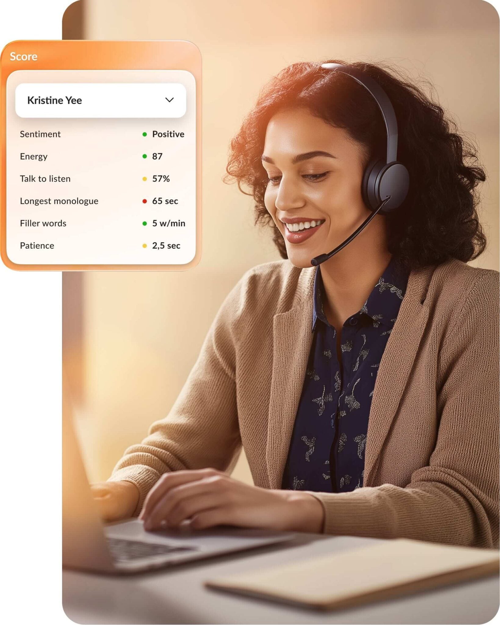 A woman chats with a customer while RingCX scores customer sentiment and agent energy, patience, and other metrics