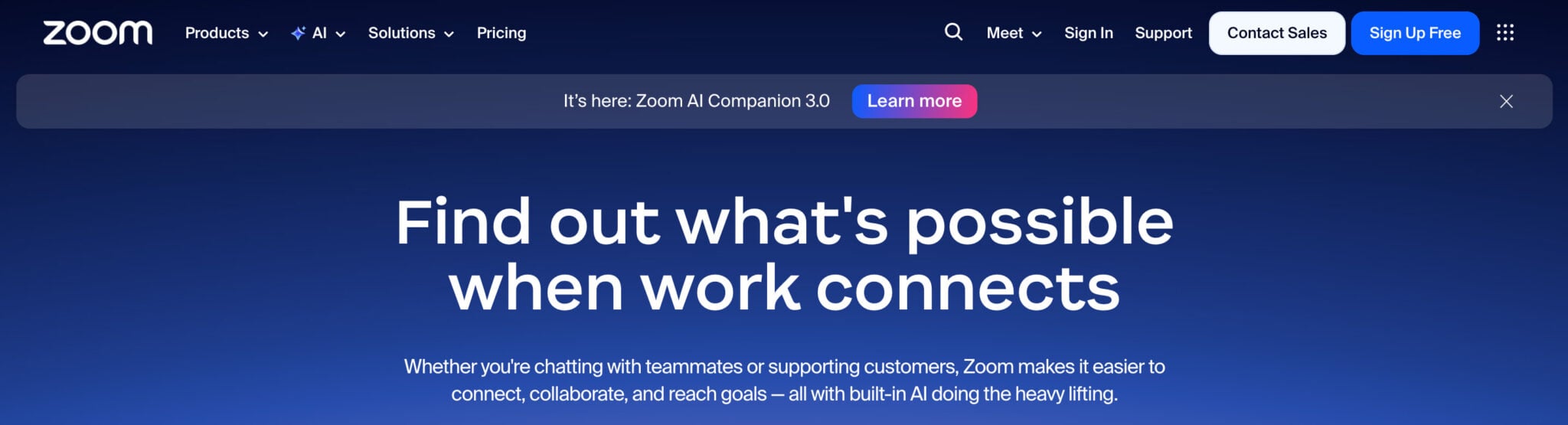 The Zoom homepage with a blue gradient background