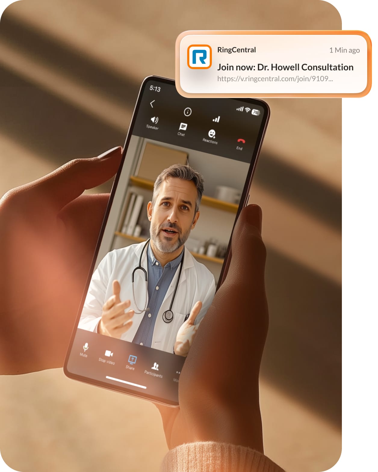RingCentral Video supports mobile workflows with one-click consultation access for patients